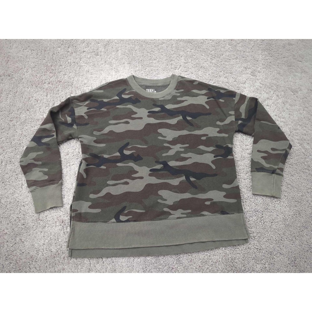 Time‎ and Tru Pullover Womens M Sweatshirt Green Camo Long Sleeve Side Slit